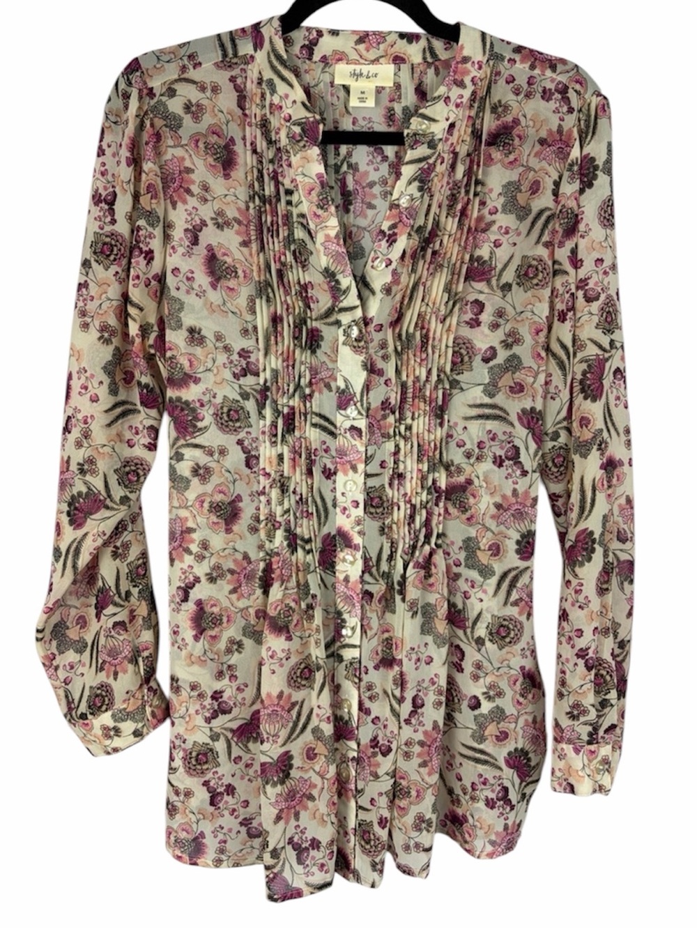 Style & Co Floral Pintuck Tunic Blouse Pink Cream Medium